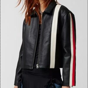 UO Lowson Faux Leather Stripe Racer Moto Jacket size large black red & white